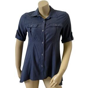 ECI Blue High Low Button Up Shirt Collared Short Sleeve NWT Size Small